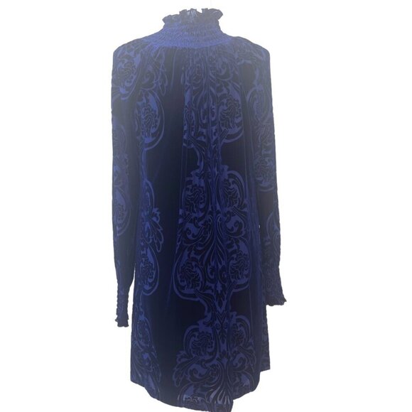 Alexa Admor Blue Velvet Burn Out Pattern Dress Long Sleeve High Neck Size Large - Picture 3 of 9